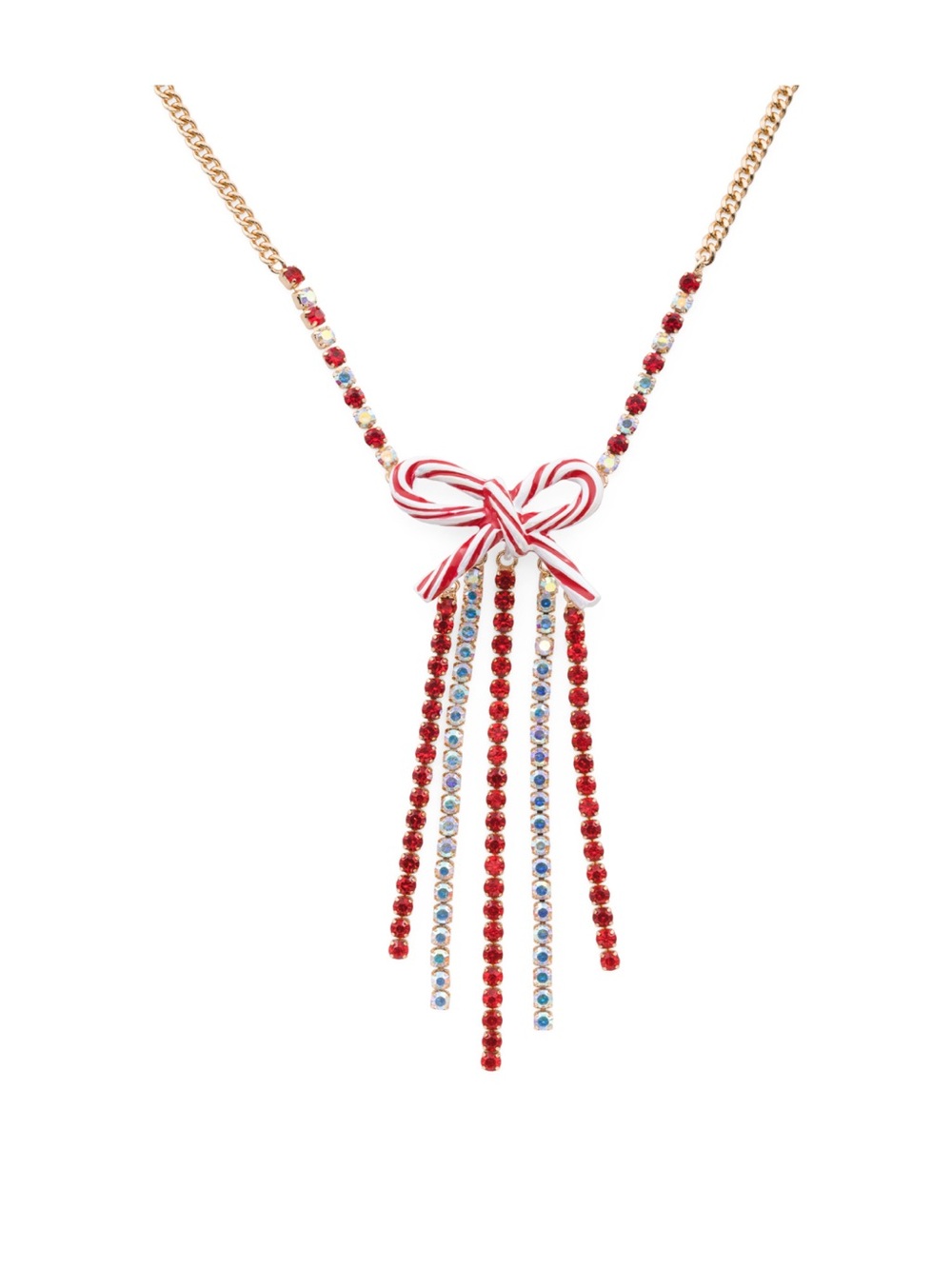 Betsey Johnson Candy Cane Bow Rhinestone Tassel Necklace NWT